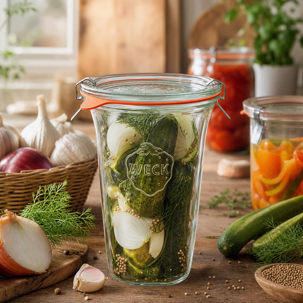 WECK Quadroglas 795ml RR100 beim Einkochen von Gewürzgurken mit Dill und Zwiebeln in der Küche