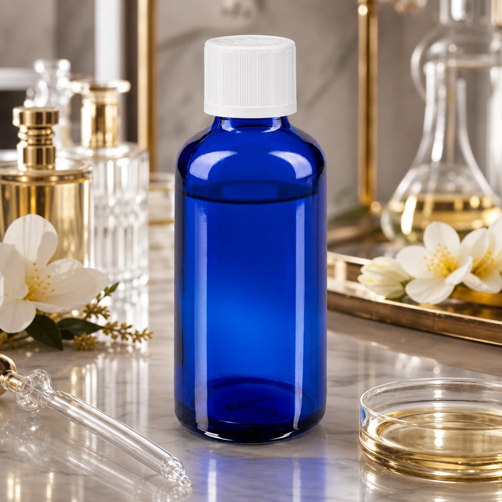 Kobaltblaue Apothekerflasche 50ml mit KiSi-Weißdeckel in elegantem Gold-Marmor-Labor-Setting