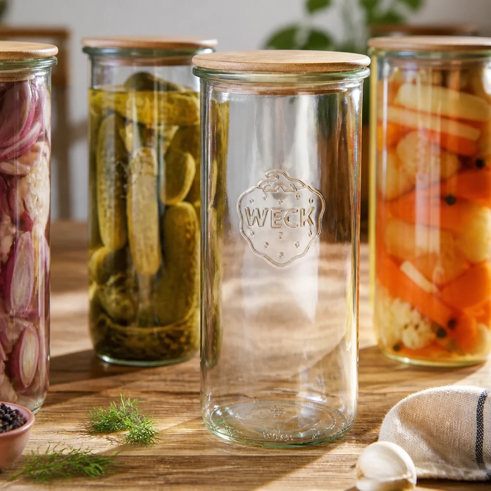 WECK Sturzglas 1500ml RR100 mit Holzdeckel zwischen eingelegtem Gemüse auf Holztisch rustikale Küchenszene
