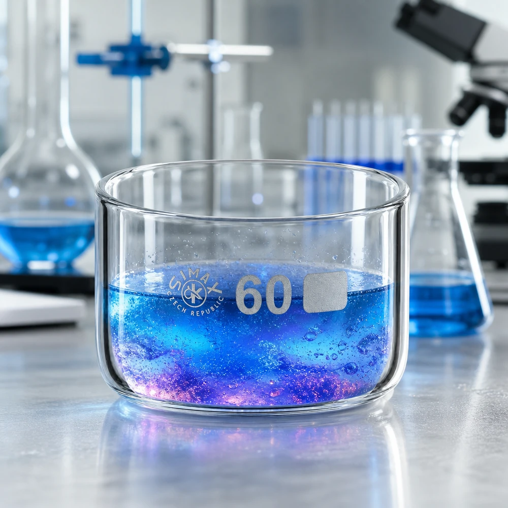 Simax Borosilikatglas Schale 60ml ohne Ausguss bei chemischer Farbreaktion blau violett