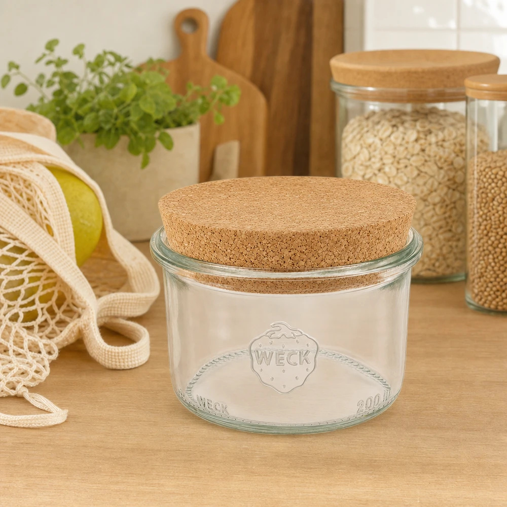 200ml Sturzglas WECK RR80 mit Korken natur WECK Sturzglas 200ml RR80 mit Korkdeckel in nachhaltiger Zero-Waste Küche zwischen Vorratsgläsern und Jutebeutel