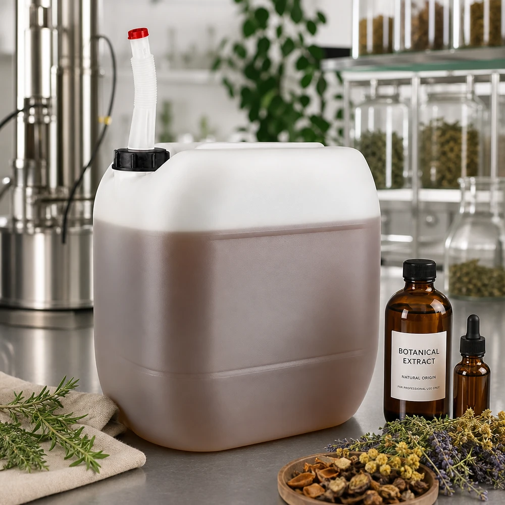 Kanister 30 Liter mit Auslaufrohr Flex HDPE Kanister 30L mit biegsamem Auslaufrohr neben Kräutern und Bernsteinglas-Flaschen