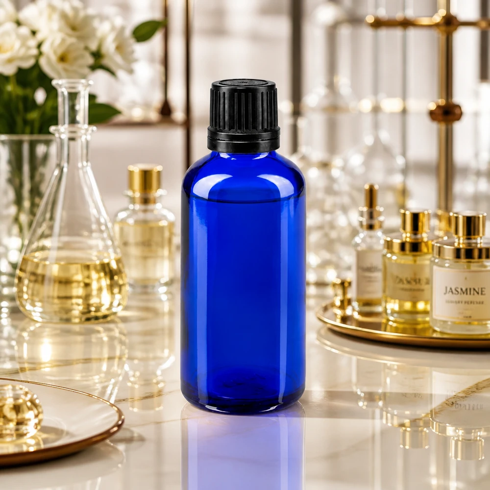 Apothekenflasche blau 50ml Schraubverschluss schwarz Giessring Originalitätsverschluss Kobaltblaues 50ml Apothekerflacon aus Glas mit 8mm Originalverschluss für ätherische Öle