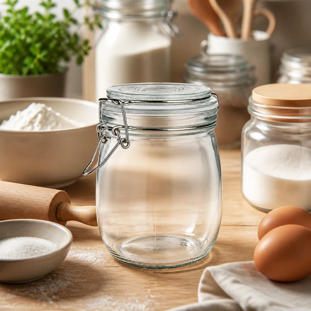 Praktisches 750ml Vorratsglas mit Drahtbügel ideal für Backzutaten und Küchenorganisation
