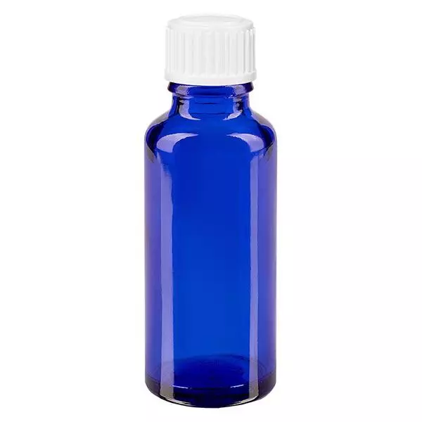 Apothekenflasche blau 30ml Tropfverschluss weiß 0.8mm Standard