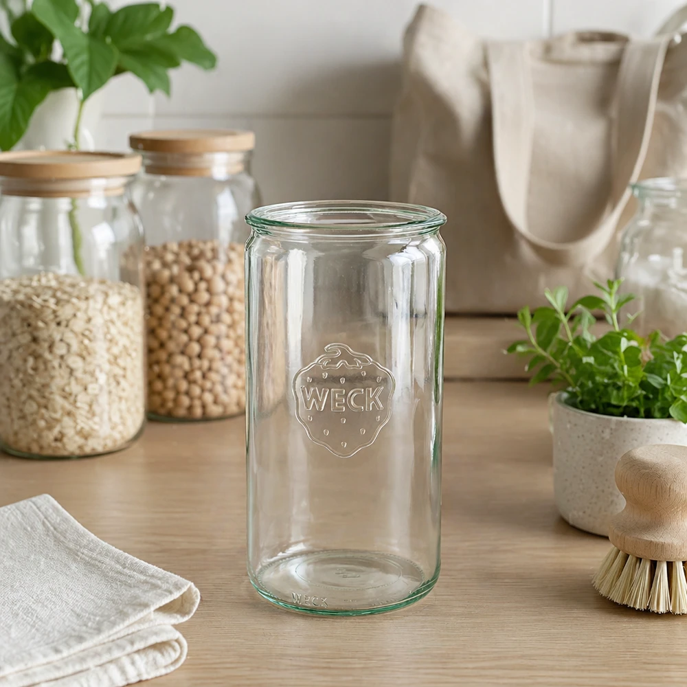 WECK Zylinderglas 1590ml RR100 transparent in nachhaltiger Zero-Waste Küche mit Vorratsgläsern und Naturmaterialien