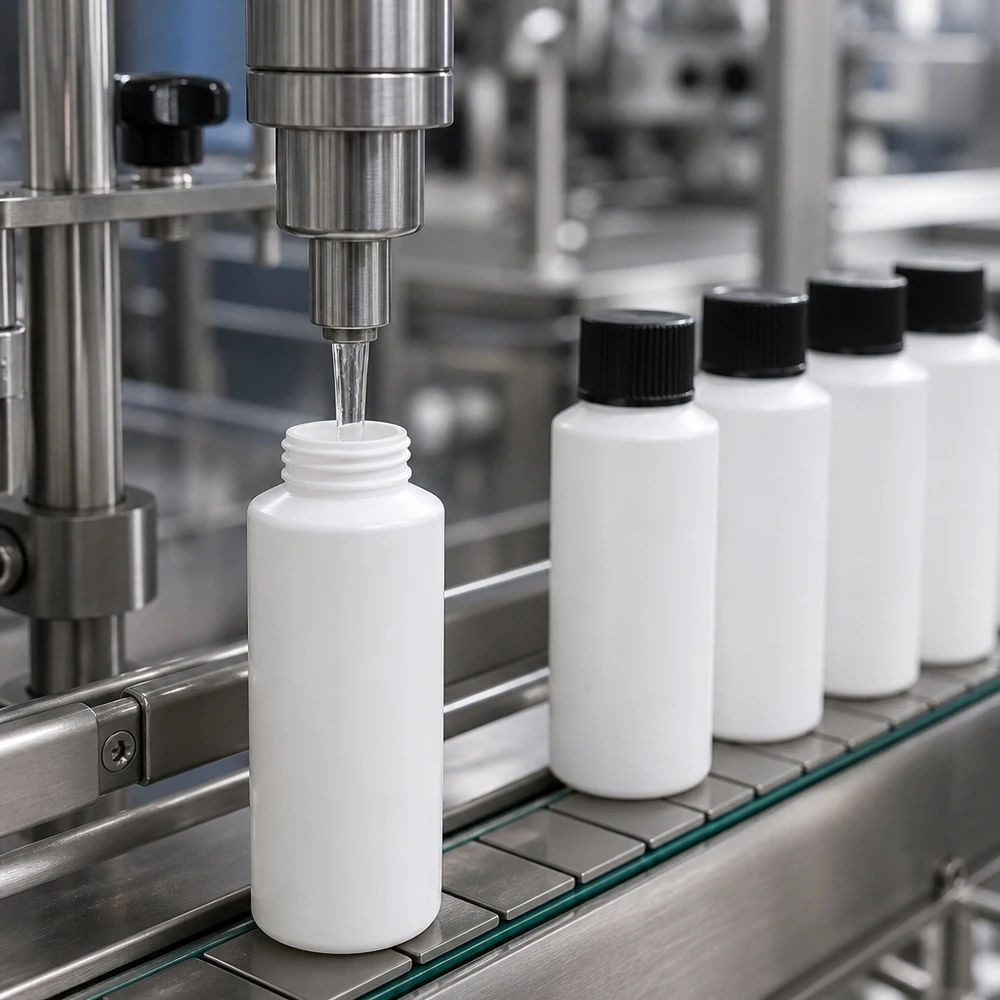 Weiße zylindrische HDPE Apothekerflaschen 30ml mit schwarzem Deckel auf Edelstahl-Produktionsband