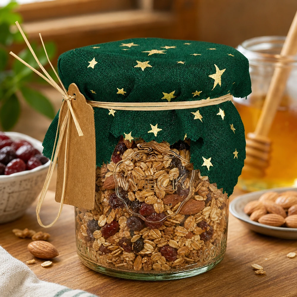 Stoff Schmuckdeckchen grün "Sterne" 12cm eckig Grünes Sterne-Schmuckdeckchen 12cm eckig auf Müsli-Glas mit Nüssen und Trockenfrüchten, dekorative Vorratsaufbewahrung