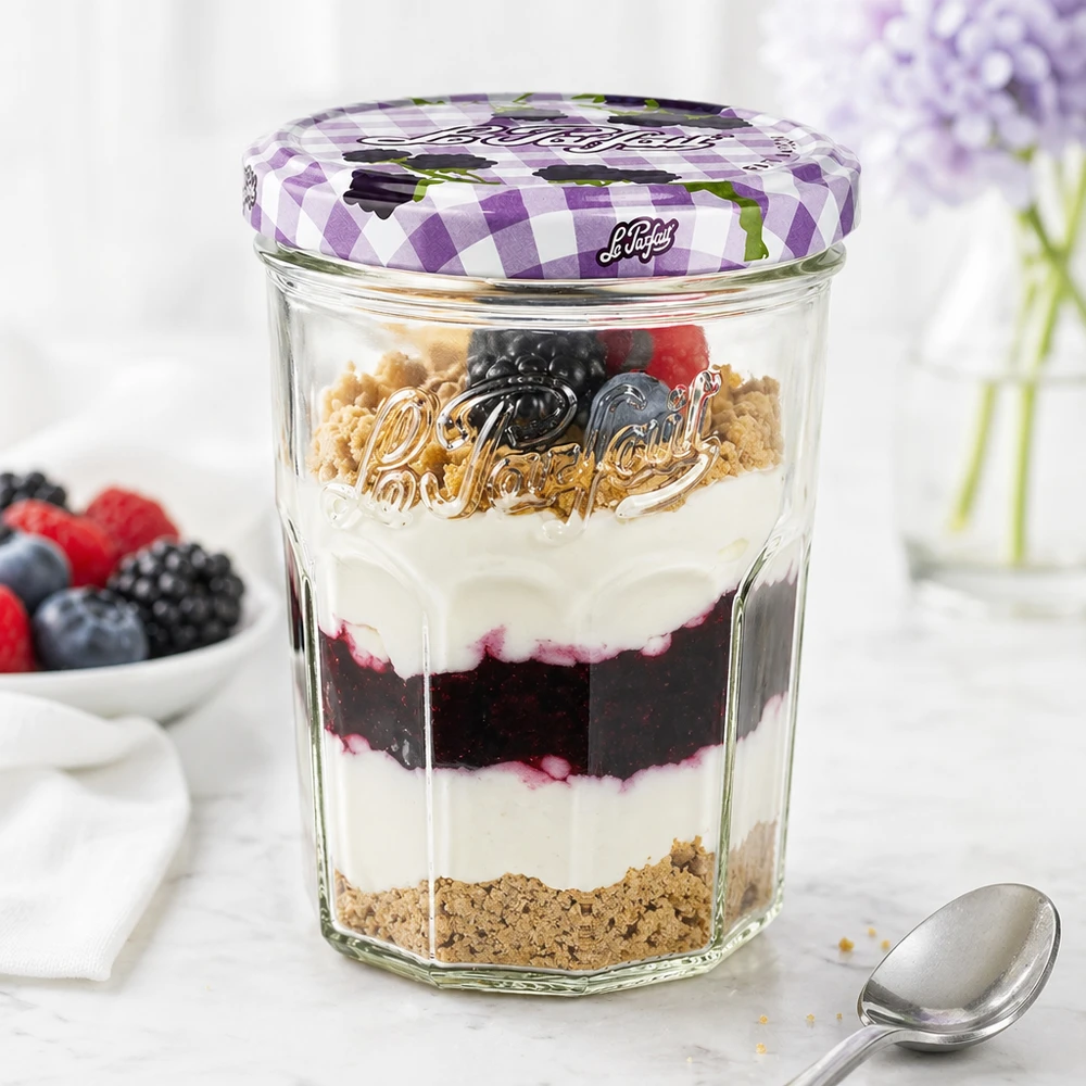 Le Parfait Sturzglas 385ml mit Beerenschichtdessert befüllt zeigt vielseitige Verwendung als Dessertglas