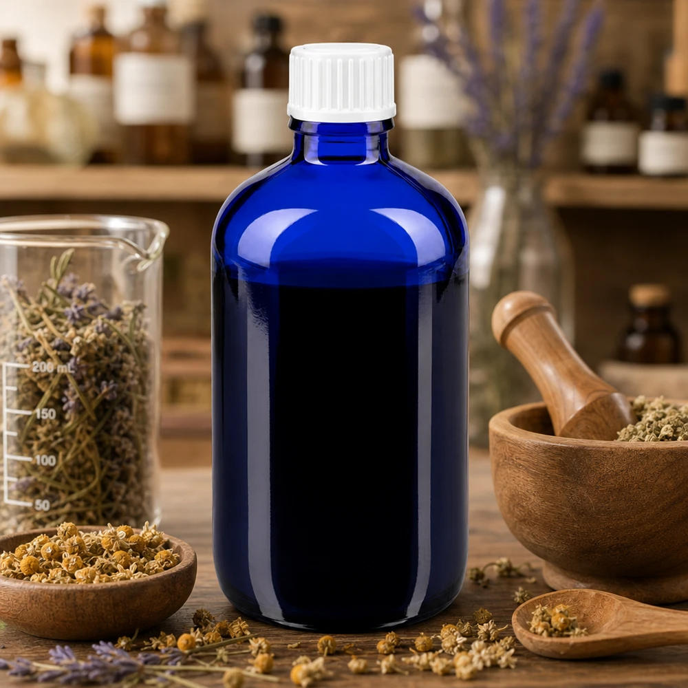 Apothekenflasche blau 100ml Schraubverschluss weiß Globuli Standard Kobaltblaue Apothekerflasche 100ml neben Mörser Messbecher und getrockneten Blüten