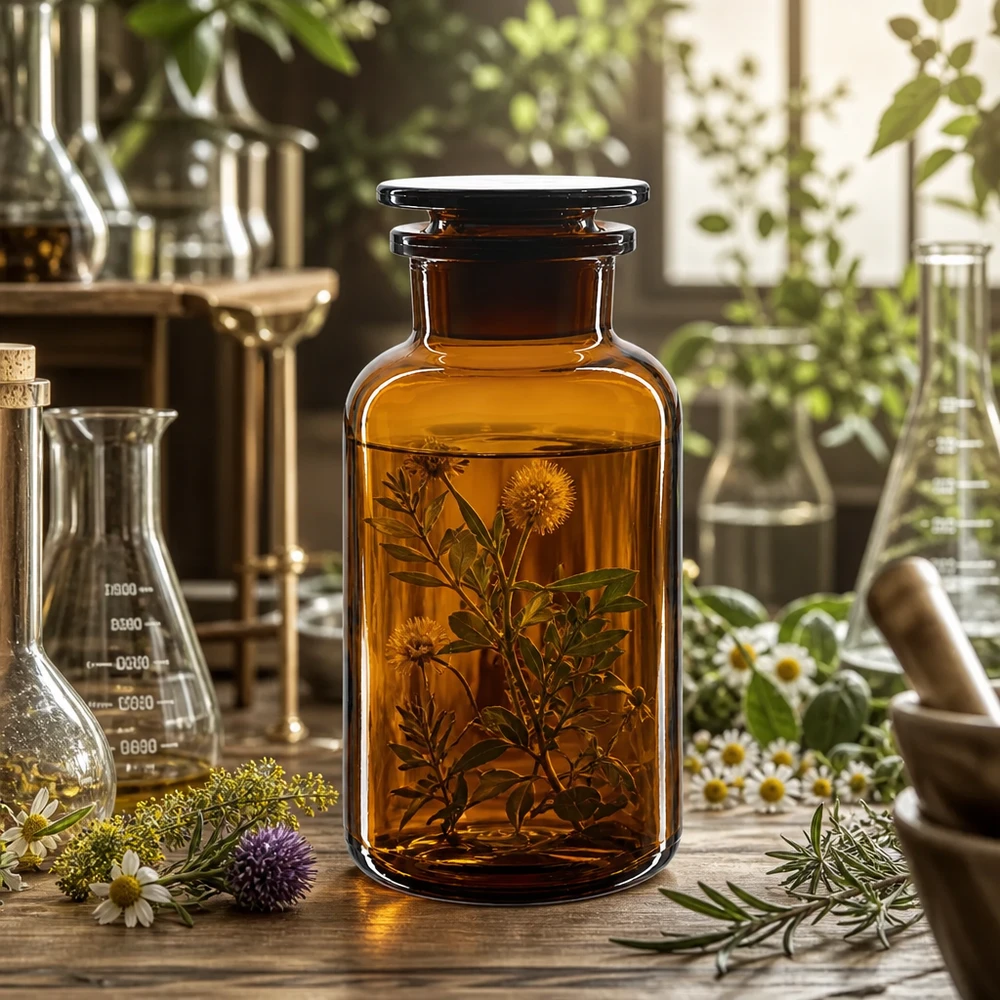 Rundschulterfl. 500ml braun Weithals Glasstopfen Klassische Rundflasche 500ml in Braunglas mit Weithals für Tinkturen und Öle