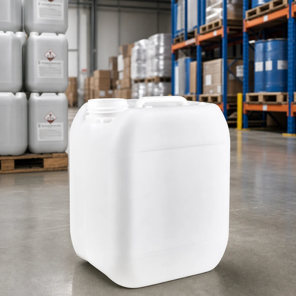 Kanister 5 Liter ohne Verschluss HDPE Flachkanister 5 Liter ohne Verschluss neben Gefahrgutkanistern im Großlager