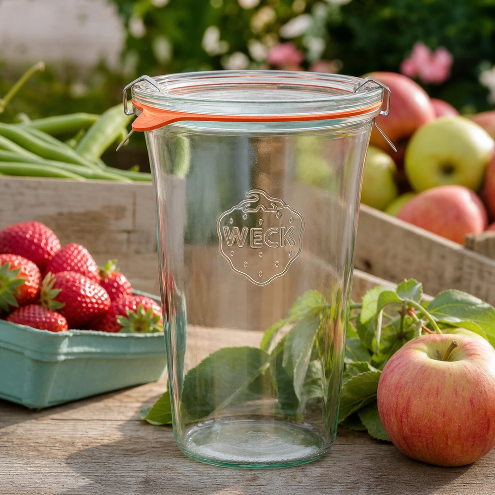 WECK Quadroglas 795ml RR100 mit frischem Obst und Gemüse auf Holztisch für gesunde Vorratshaltung