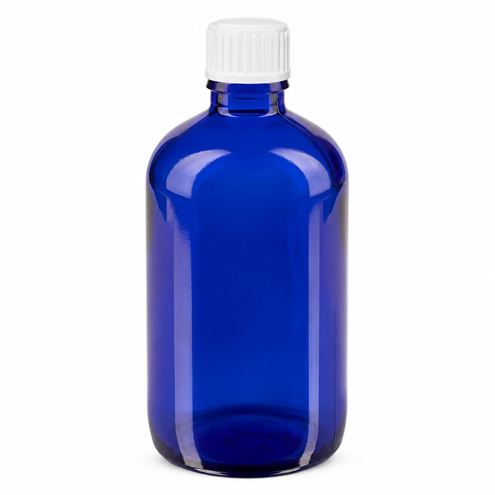 Apothekenflasche blau 100ml Tropfverschluss weiß 0.8mm Standard Kobaltblaue Tropfflasche 100ml STD mit kindersicherem weißem Schraubverschluss ApoGlas