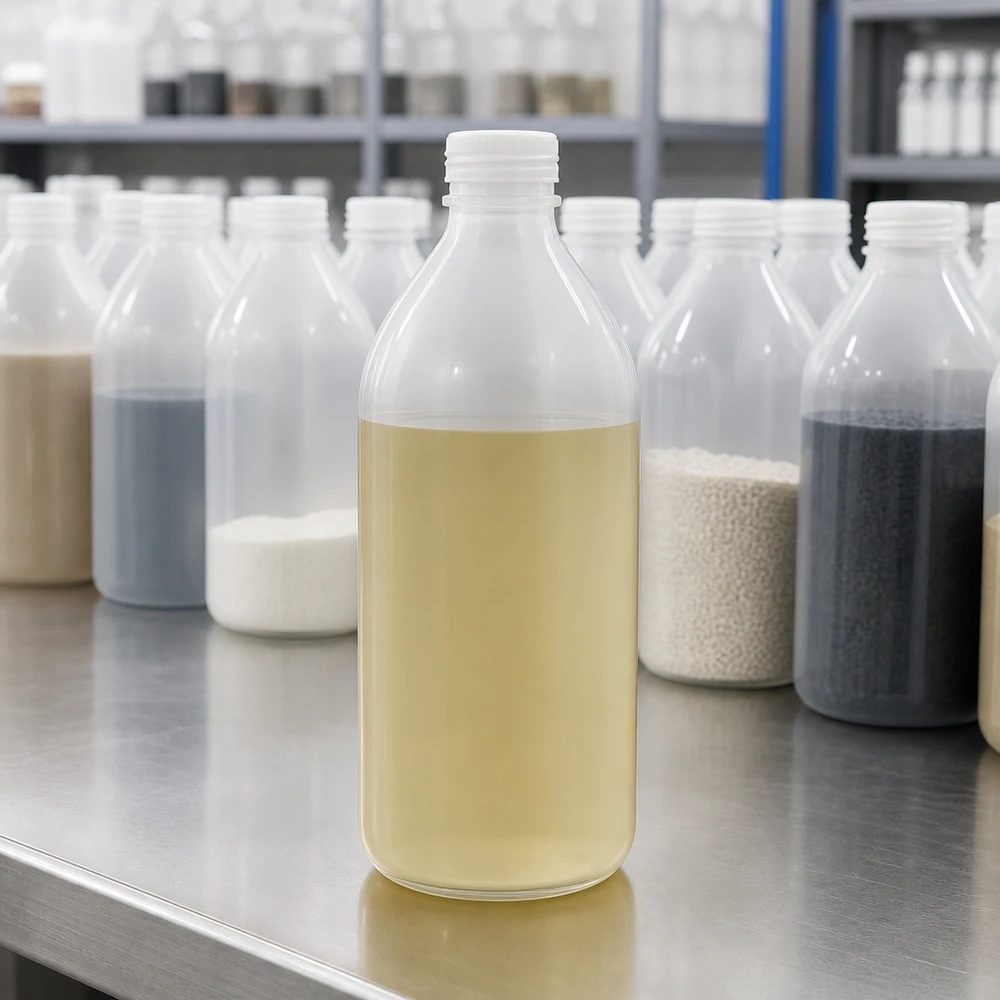 500ml Laborflasche Enghals ohne Verschluss 500ml Enghals Laborflasche aus HDPE Kunststoff mit cremefarbenem Flüssigkeitsinhalt