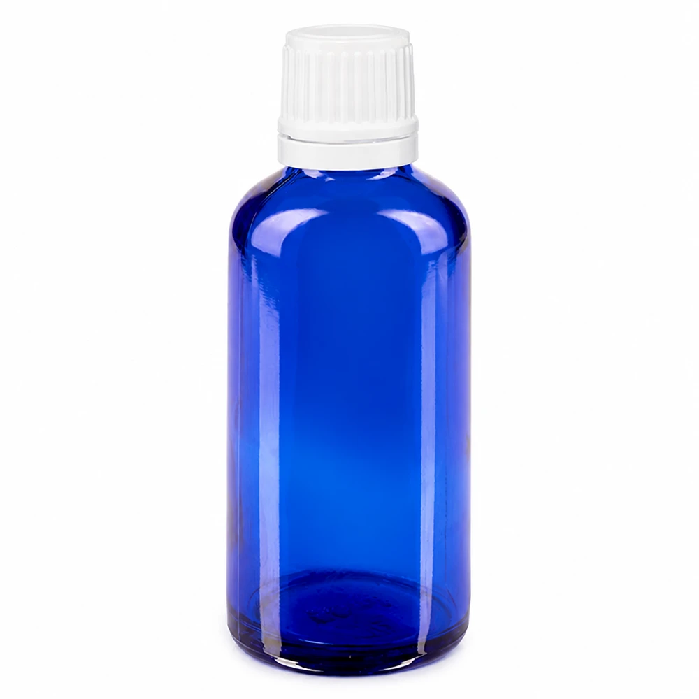 Apothekenflasche blau 50ml Schraubverschluss weiß Originalitätsverschluss Blaue Glasflasche 50ml mit weißem Tropfverschluss 11mm für Apothekenbedarf