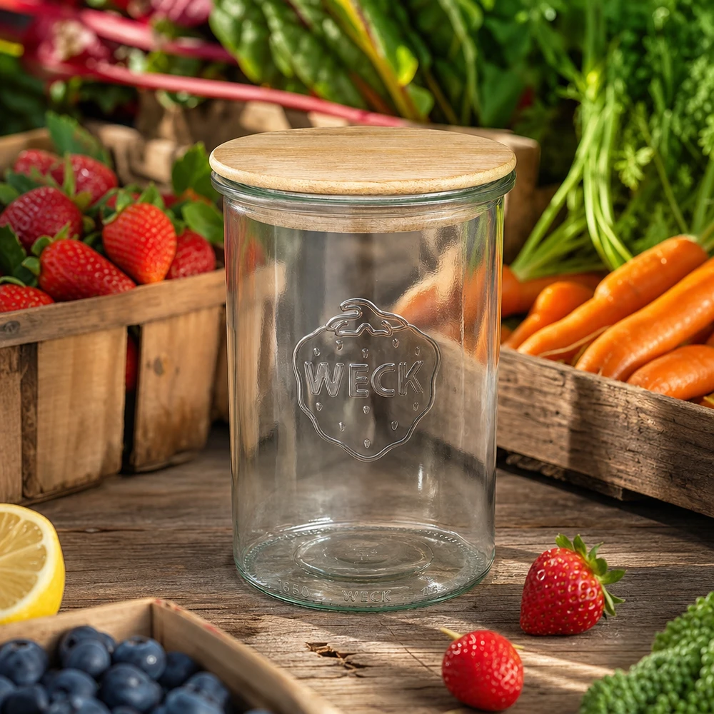 WECK Sturzglas 1000ml RR100 mit Eichenholzdeckel zwischen frischem Obst und Gemüse auf Holztisch Küchenambiente