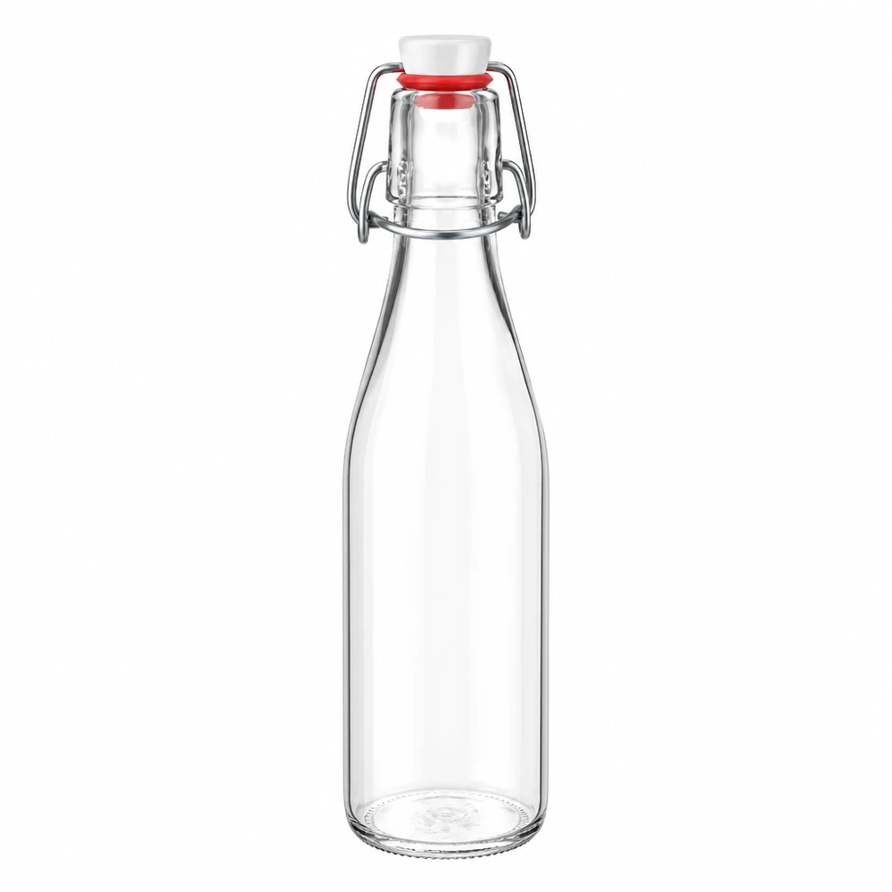250ml Glasflasche und Bügelverschluss PVC UNiTWIST 250ml Glasflasche mit Bügelverschluss und weißem Korken, transparentes Glas, PVC UNiTWIST System für Getränke