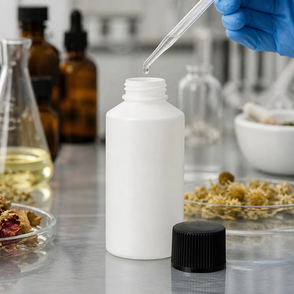 Apothekenflasche HDPE 50ml weiß, mit schwarzem Schraubverschluss Kleine weiße Apothekenflasche 50ml aus HDPE-Kunststoff mit schwarzem Verschluss