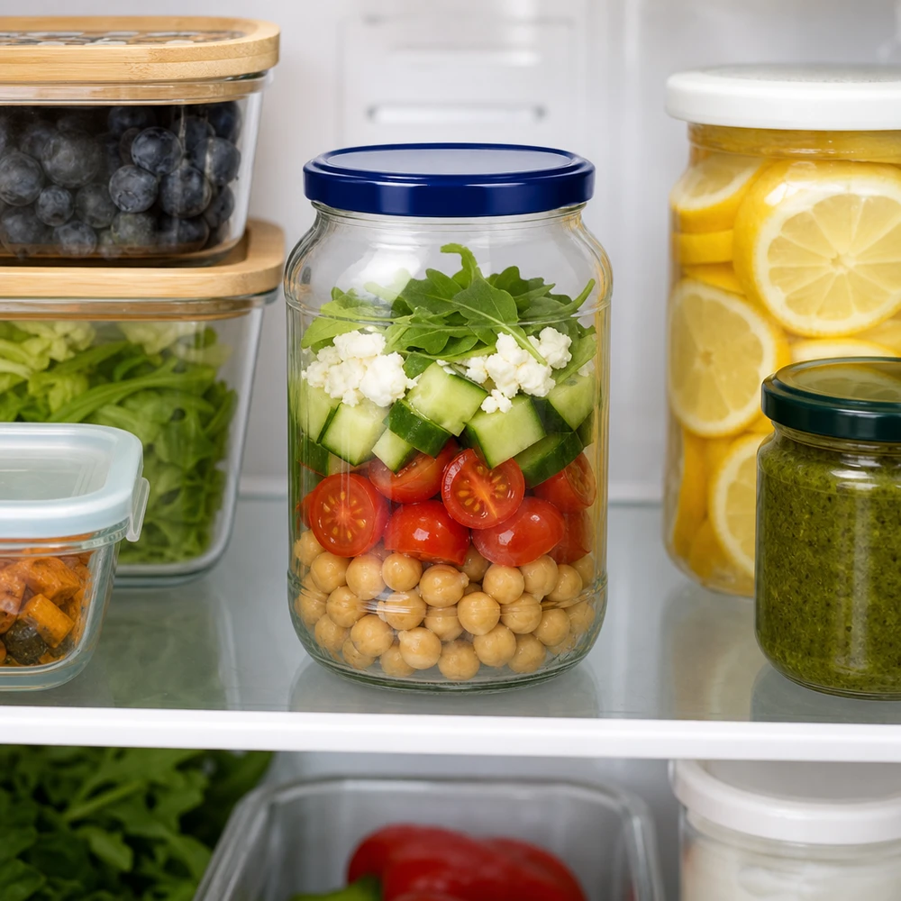 1062ml Rundglas UNiTWIST blauer Deckel Schichtsalat Kichererbsen Tomaten Gurken Feta Kühlschrank Meal Prep Glas