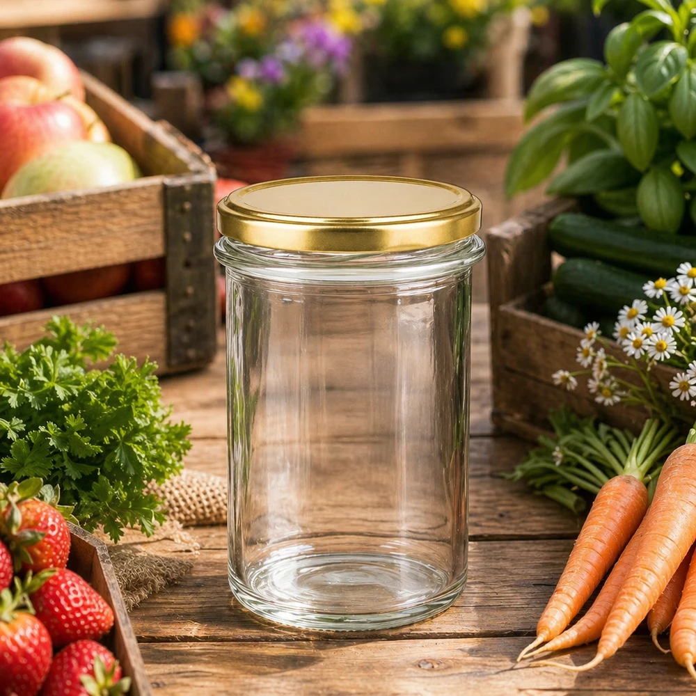 230ml Sturzglas mit BasicSeal Deckel gold UNiTWIST im Garten zwischen frischem Gemüse Kräutern und Obst