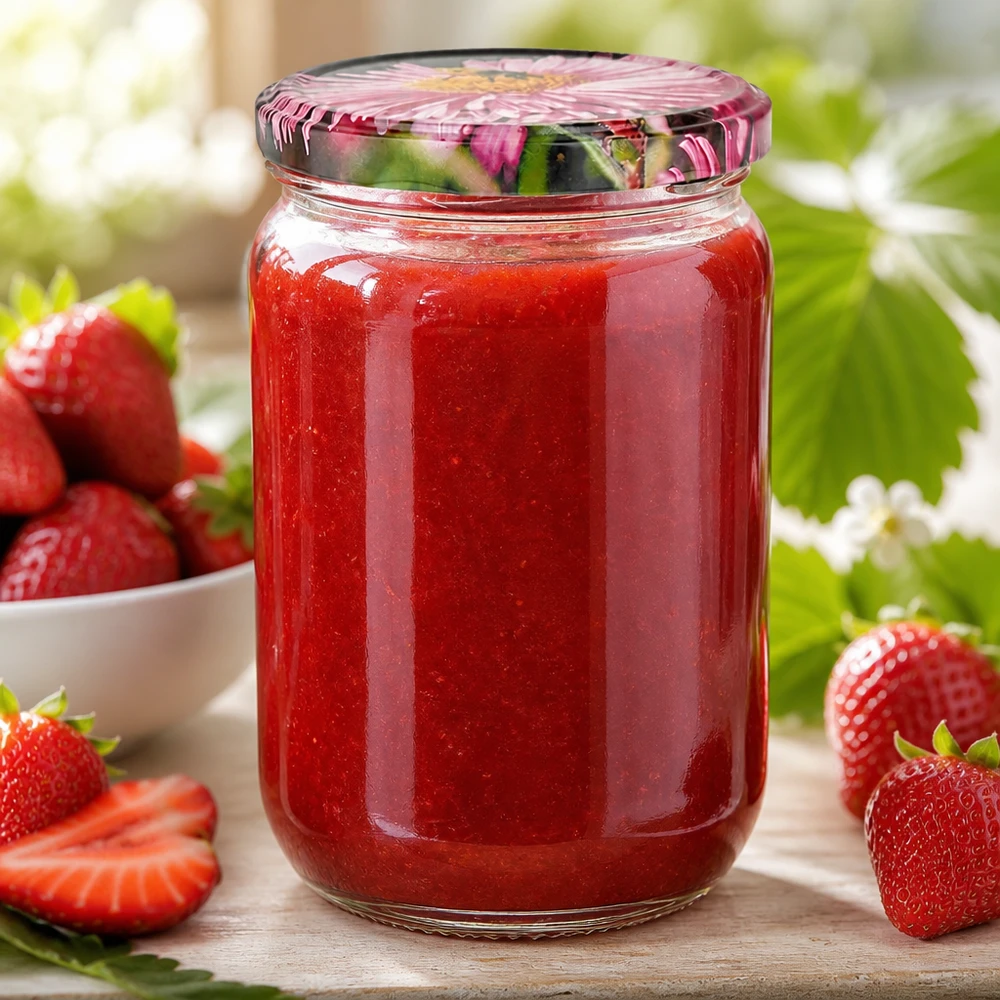 UNiTWIST Rundglas 555ml BasicSeal Deckel Blüte neben frischen roten Erdbeeren auf Holz