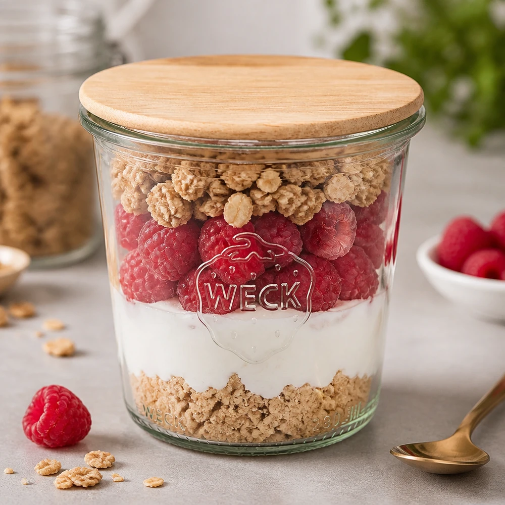 WECK Sturzglas 290ml RR80 mit Holzdeckel als Dessertglas mit Joghurt Himbeeren und Müsli in Küche