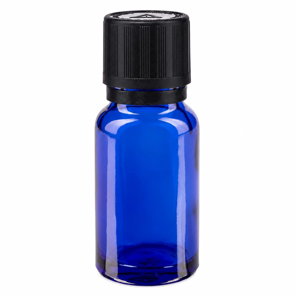 Kobaltblaue Glasflasche 10ml mit OV KiSi Blindstopfen schwarz und 1mm Öffnung für Tropfer