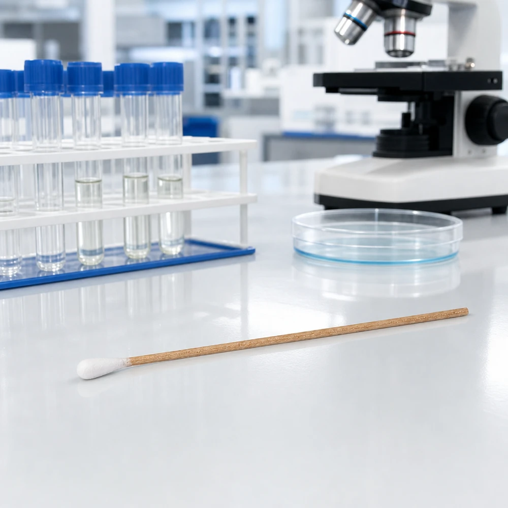 Wattestäbchen unsteril für Laboranwendungen auf weißer Laborfläche neben Petrischale