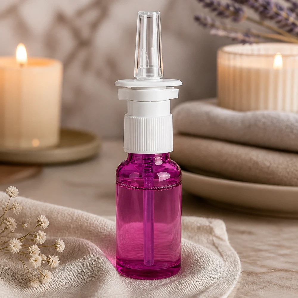 20ml Nasensprayflasche weiß/transparent Standard PurpleLine. UT18/20 20ml Nasenspray-Flasche in Purple mit durchsichtigem Steigrohr für gleichmäßige Sprühverteilung