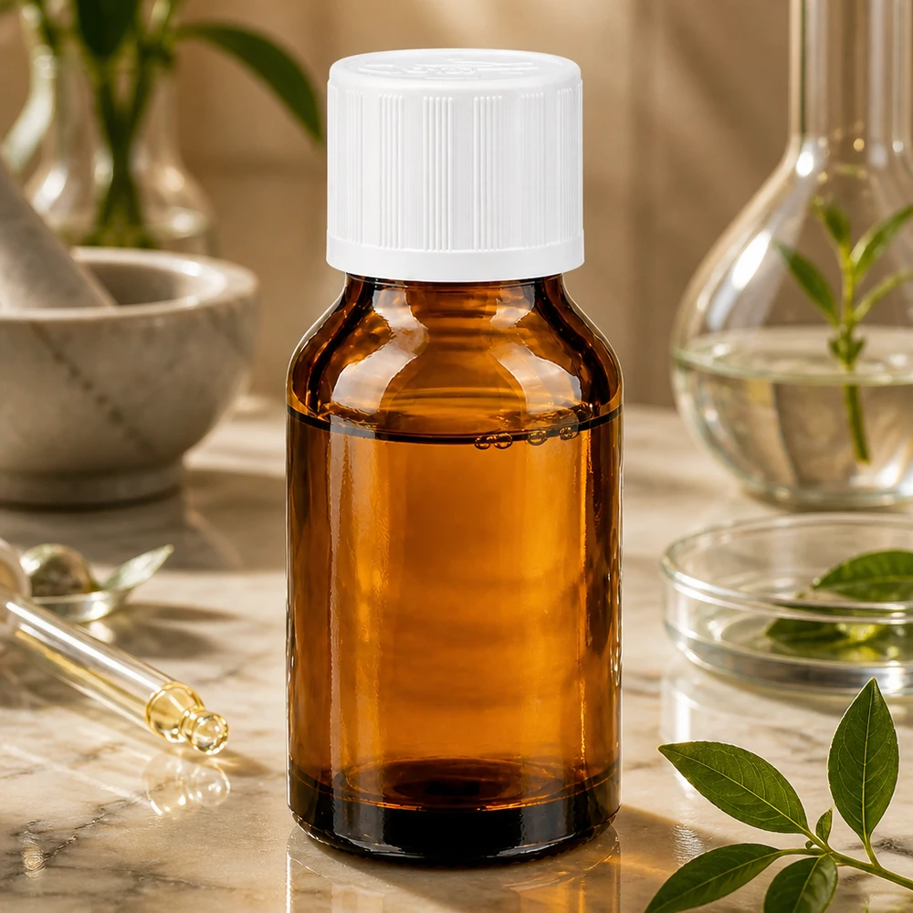 Bernsteinfarbene 30ml Glasflasche mit kindersicherem Weißverschluss für Naturkosmetik und Öle