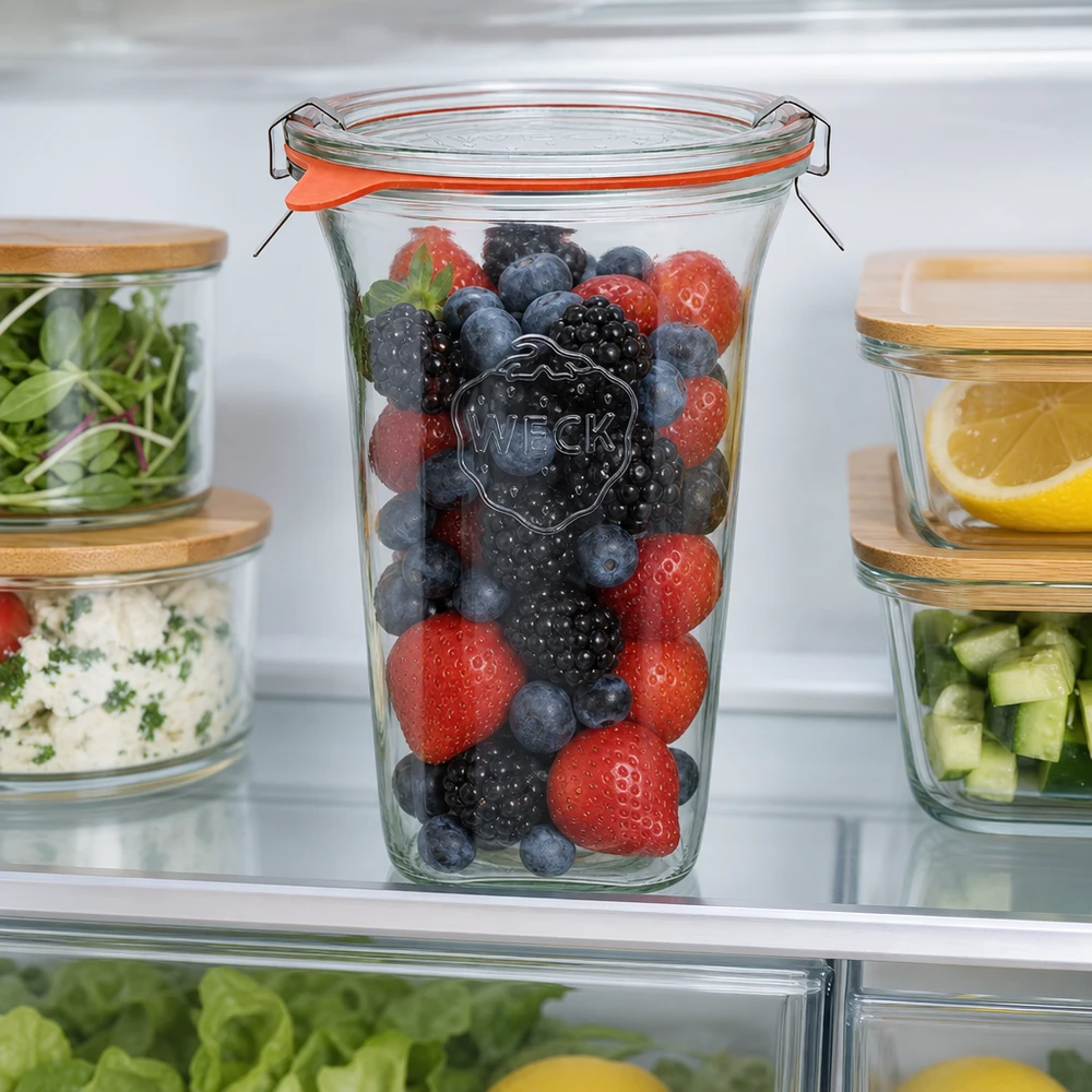 WECK Quadroglas 795ml RR100 mit Beeren im Kühlschrank für optimale Frische und Lebensmittelaufbewahrung