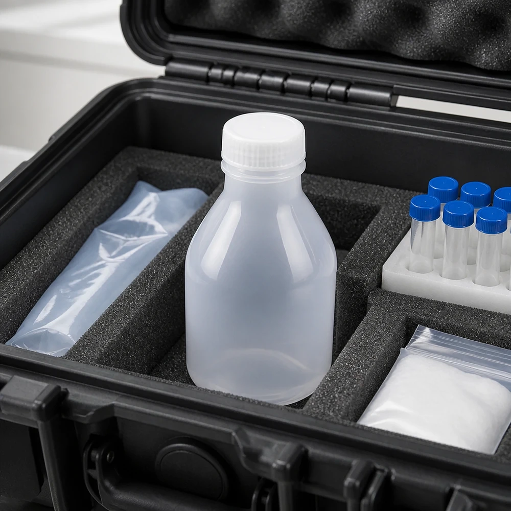 Set aus 20ml Laborflaschen Enghals und Probenröhrchen in gepolstertem Hartschalenkoffer