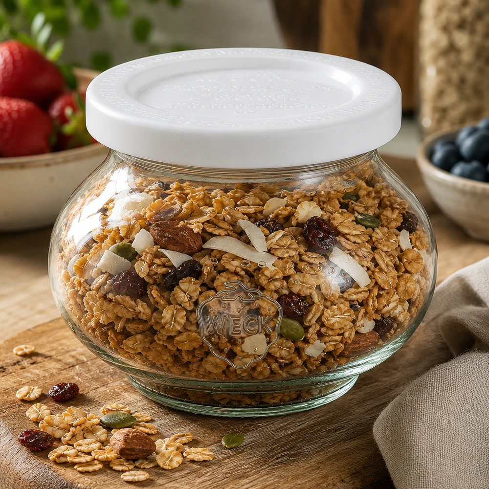 WECK Schmuckglas 220ml mit Müsli und Nüssen befüllt zeigt vielseitige Vorratshaltung für Küche und Pantry