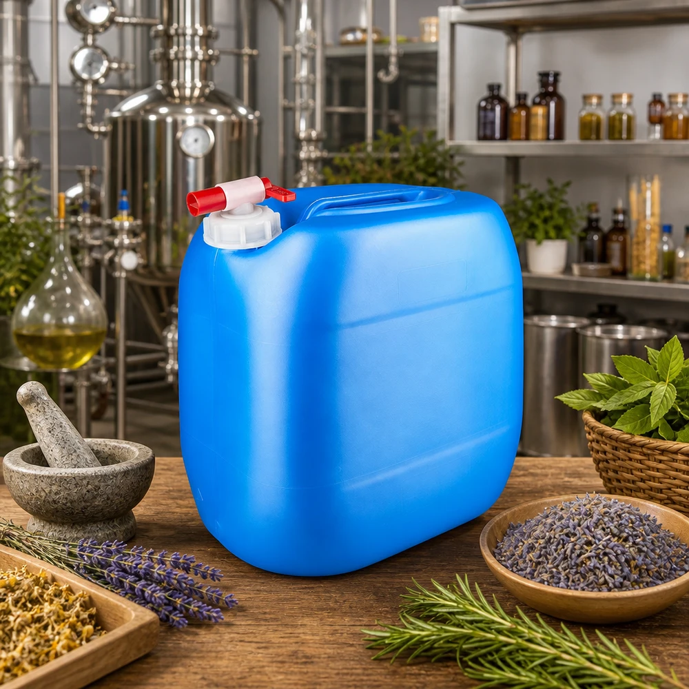 Großer Flüssigkeitsbehälter 30L blau mit Zapfhahn neben Mörser und Pestle in Naturkosmetikproduktion