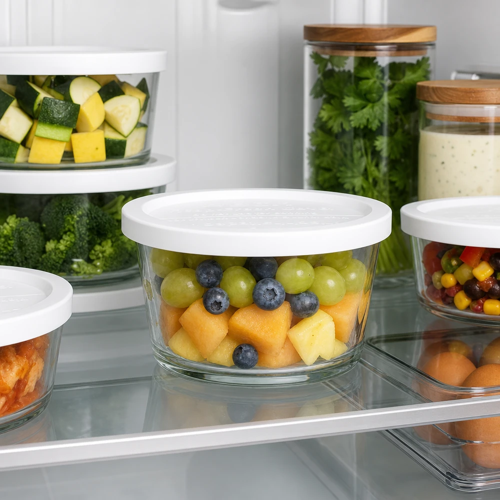 WECK Gourmetglas 450ml RR120 mit Obstsalat im Kühlschrank zwischen anderen Frischhaltebehältern für optimale Lebensmitte