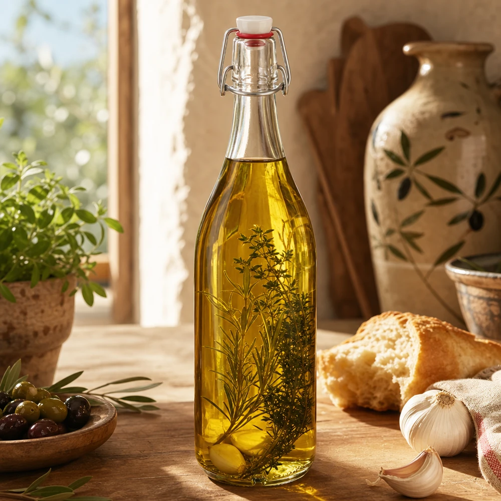 Glasflasche mit Bügelverschluss gefüllt mit Kräuteröl Rosmarin auf rustikalem Holztisch mediterrane Küche Deko