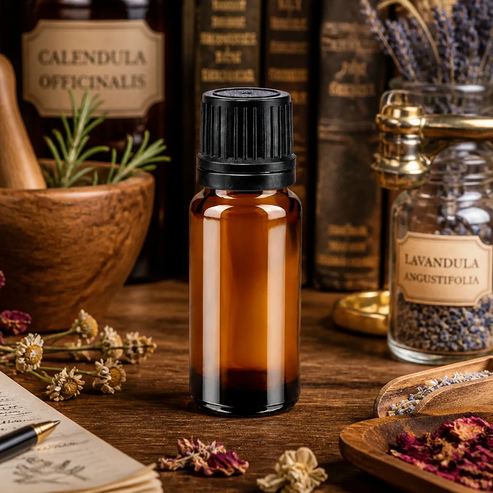 Bernsteinglas-Fläschchen 10ml mit 1mm Tropfeinlage und schwarzer Kindersicherung für ätherische Öle