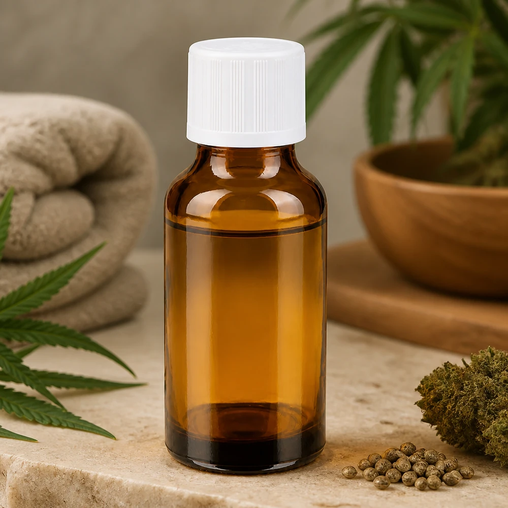 Apothekenflasche braun 20ml Tropfverschluss weiß Kindersicherung Standard Kleine 20ml Apotheker-Tropfflasche aus Bernsteinglas mit CBD-Öl und Cannabisblüten