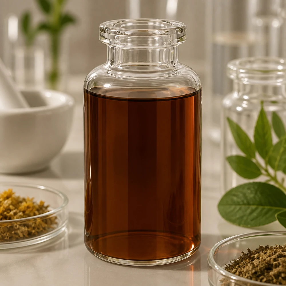 Zylindrische Klarglas Injektionsflasche 30ml mit Kräutertinktur auf Marmor Laboroberfläche