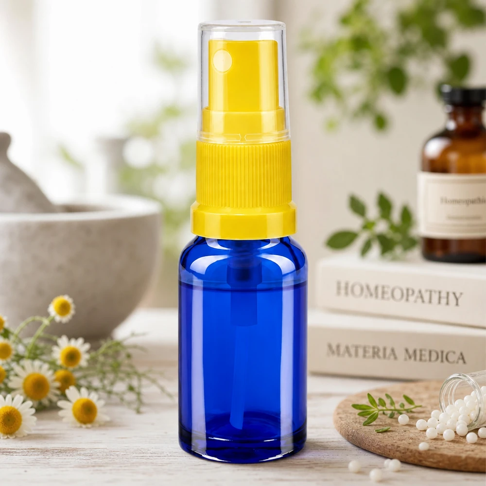 Apothekenflasche blau 10ml Sprayaufsatz gelb UV-Schutz Apothekerflasche 10ml blau mit gelbem Zerstäuber für Hydrolate und Raumsprays