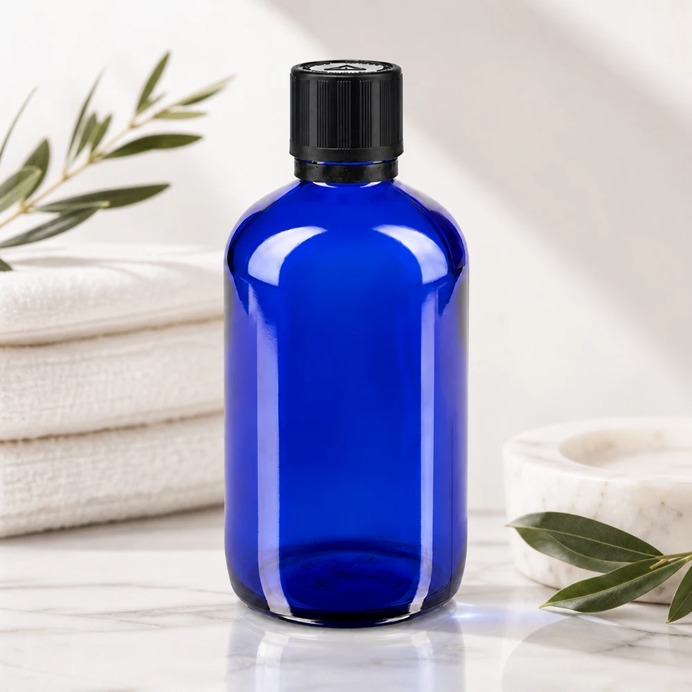 100ml blaues Apothekerglas mit Originalverschluss Kindersicherung und präzisem 1mm Blindstopfen