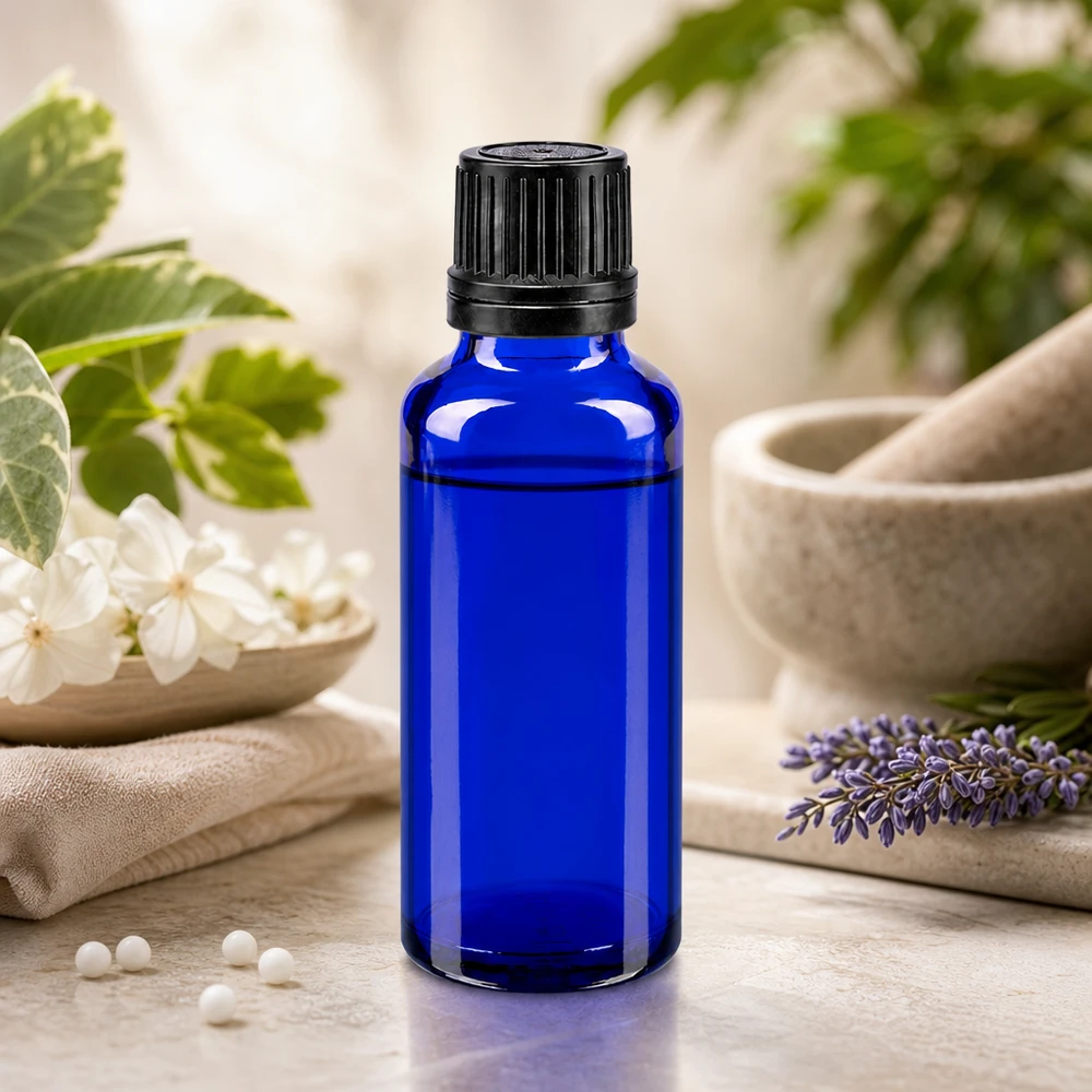 Apothekenflasche blau 30ml Schraubverschluss schwarz Giessring Originalitätsverschluss Blaue Homöopathie-Flasche 30ml aus Apothekerglas mit kindersicherem Schraubdeckel 8mm