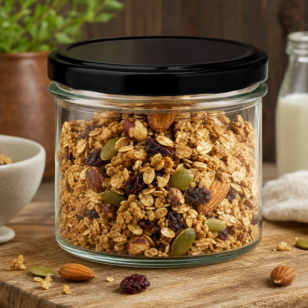 225ml Sturzglas mit schwarzem Deckel gefüllt mit Müsli und Nüssen - praktische Lebensmittelaufbewahrung