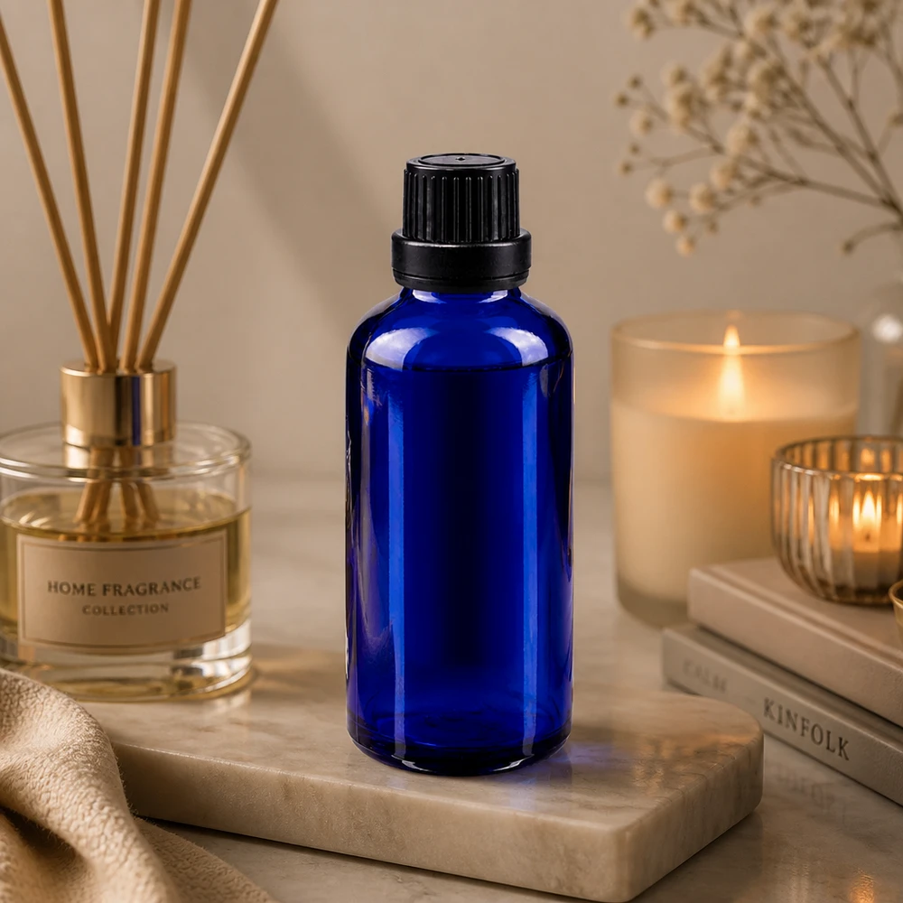Apothekenflasche blau 50ml Schraubverschluss schwarz Dichteinlage Originalitätsverschluss Kobaltblaue Tropfflasche 50ml mit Schraubdeckel auf Marmor neben Raumduft-Diffuser