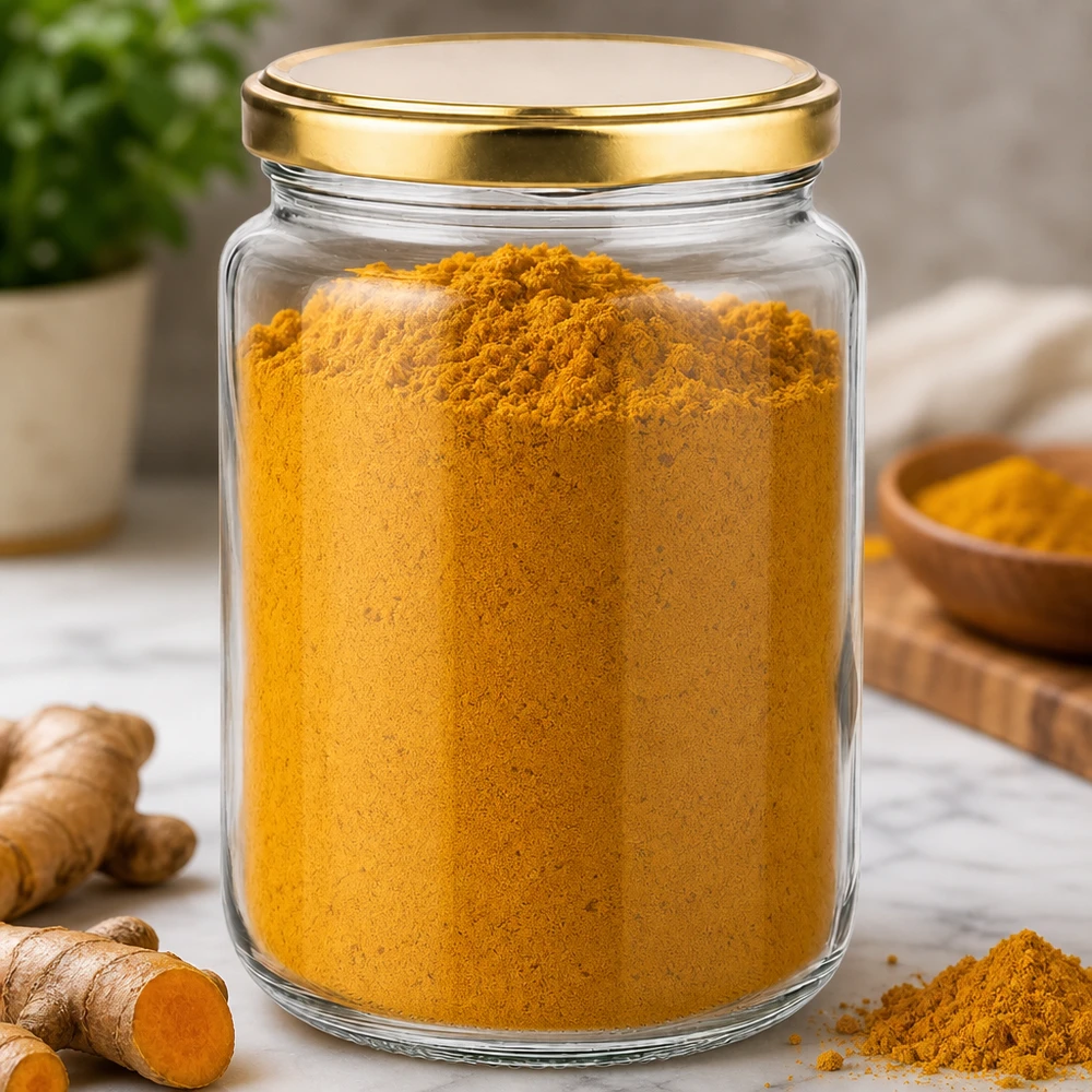 795ml Rundglas mit goldenem UNiTWIST Deckel gefüllt mit Kurkuma Pulver zur Gewürzaufbewahrung in der Küche