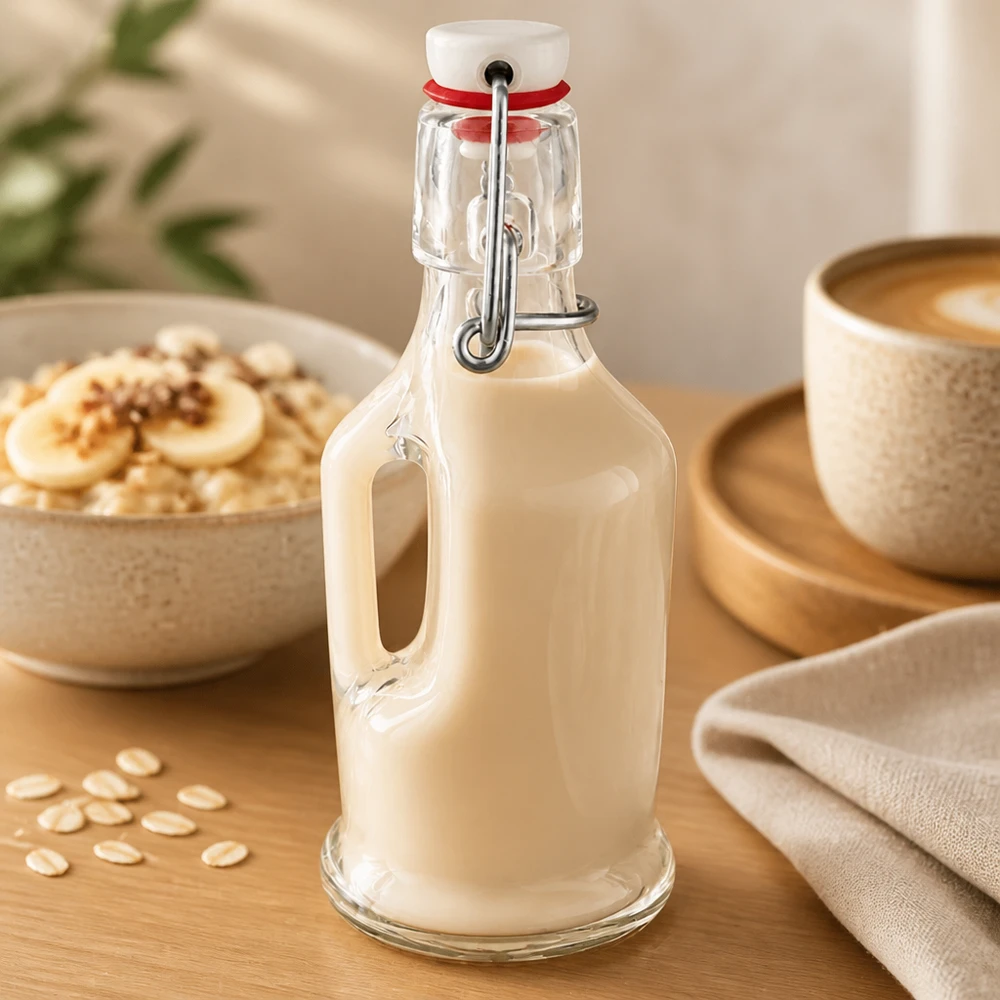 200ml Glasflasche Bertha mit cremiger Hafermilch gefüllt, stylisch dekoriert mit Müslischale und Kaffeetasse