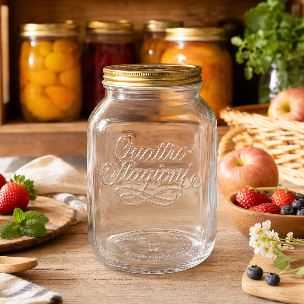3000ml Quattro Stagioni Einmachglas in rustikaler Küche mit frischen Früchten und Konserven im Hintergrund