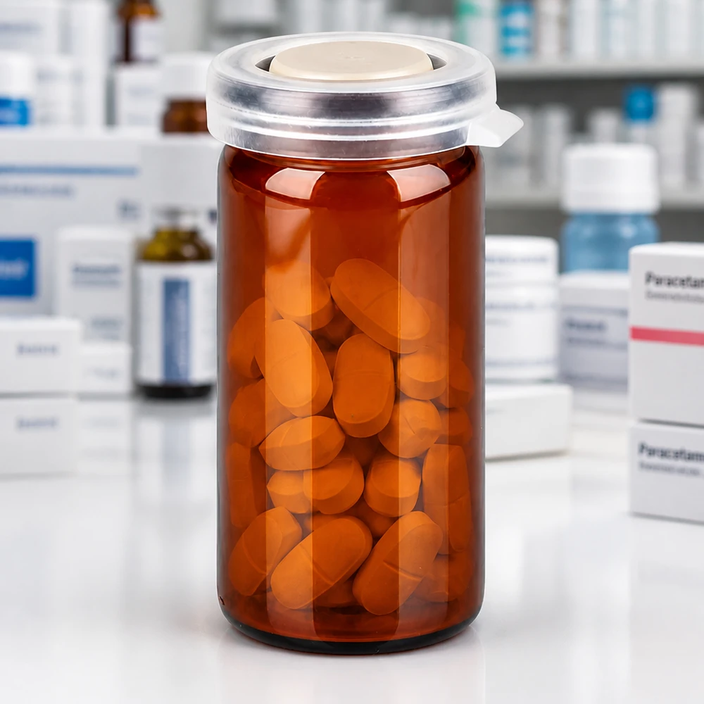 Lichtschutzglas 10ml mit transparentem Kunststoffdeckel und ovalen orangen Tabletten befüllt