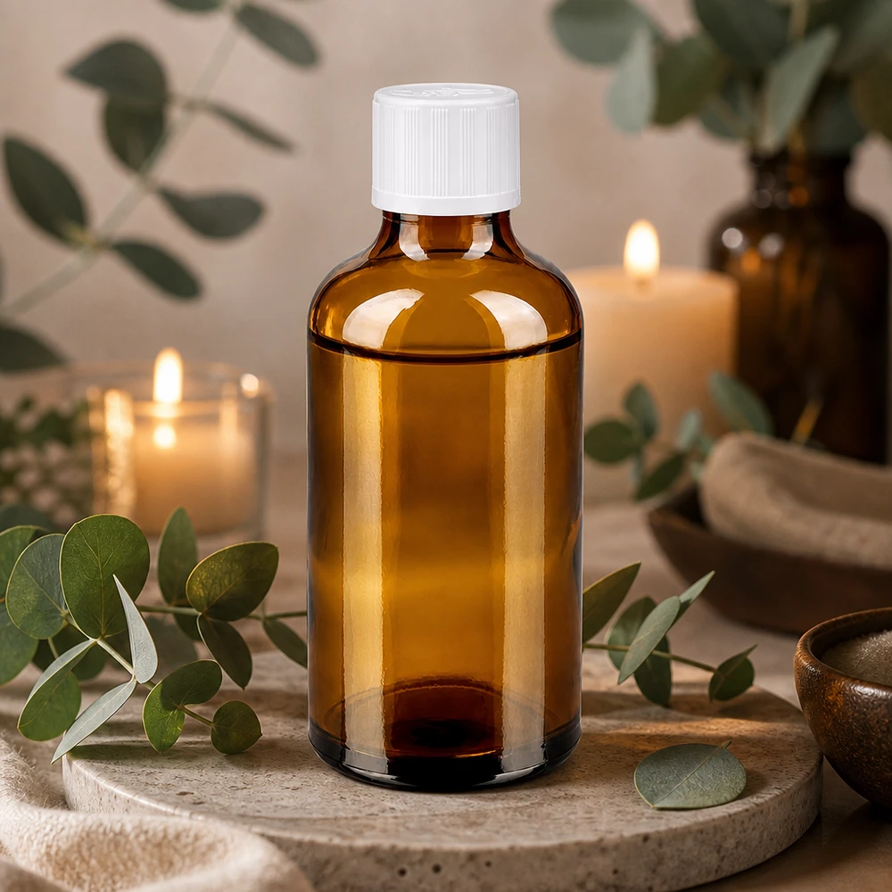 Apothekenflasche braun 50ml Schraubverschluss weiß Kindersicherung Standard Kleine 50ml Apothekerflasche braun mit weißem Sicherheitsverschluss zwischen Eukalyptuszweigen